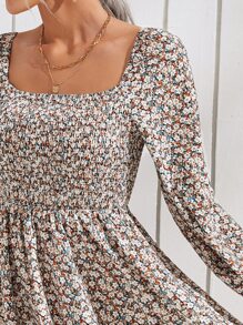 SHEIN VCAY Ditsy Floral Shirred Bodice Square Neck Dress - Multicolor - View 3