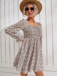 SHEIN VCAY Ditsy Floral Shirred Bodice Square Neck Dress - Multicolor - View 4