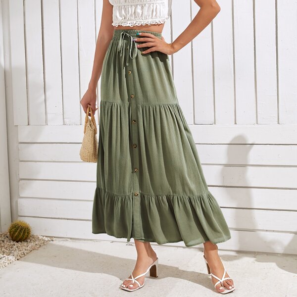 

Tie Front Single Breasted Ruffle Hem Skirt, Green