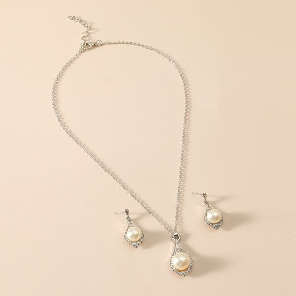 

3pcs Girls Faux Pearl Decor Jewelry Set, Silver