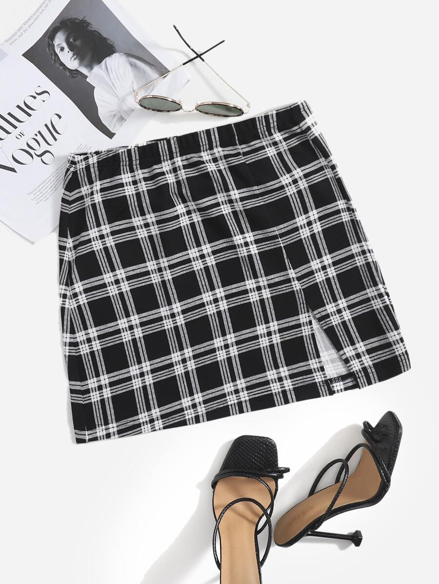SHEIN Unity Slit Hem Plaid Skirt - Black and White - View 1