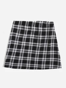 SHEIN Unity Slit Hem Plaid Skirt - Black and White - View 2