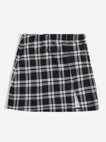 SHEIN Unity Slit Hem Plaid Skirt - Black and White - View 3