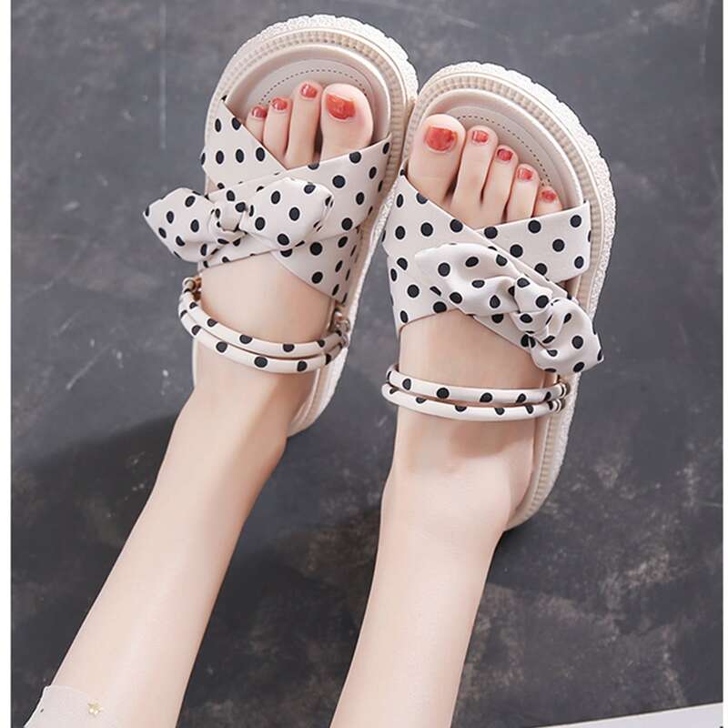 

Polka Dot Pattern Slide Sandals, Beige
