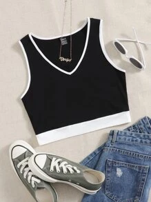 SHEIN EZwear Contrast Side Seam Tank Top - Black - View 1