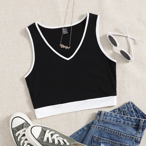 

Contrast Side Seam Tank Top, Black