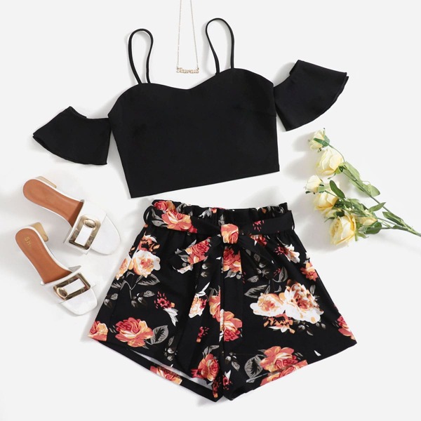 

Cold Shoulder Crop Top & Floral Print Belted Shorts, Multicolor