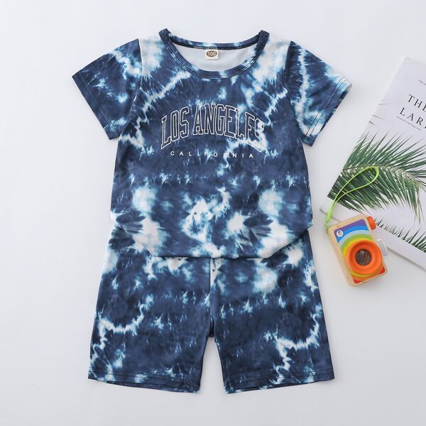 

Toddler Boys Tie Dye Letter Graphic Tee With Shorts, Navy blue