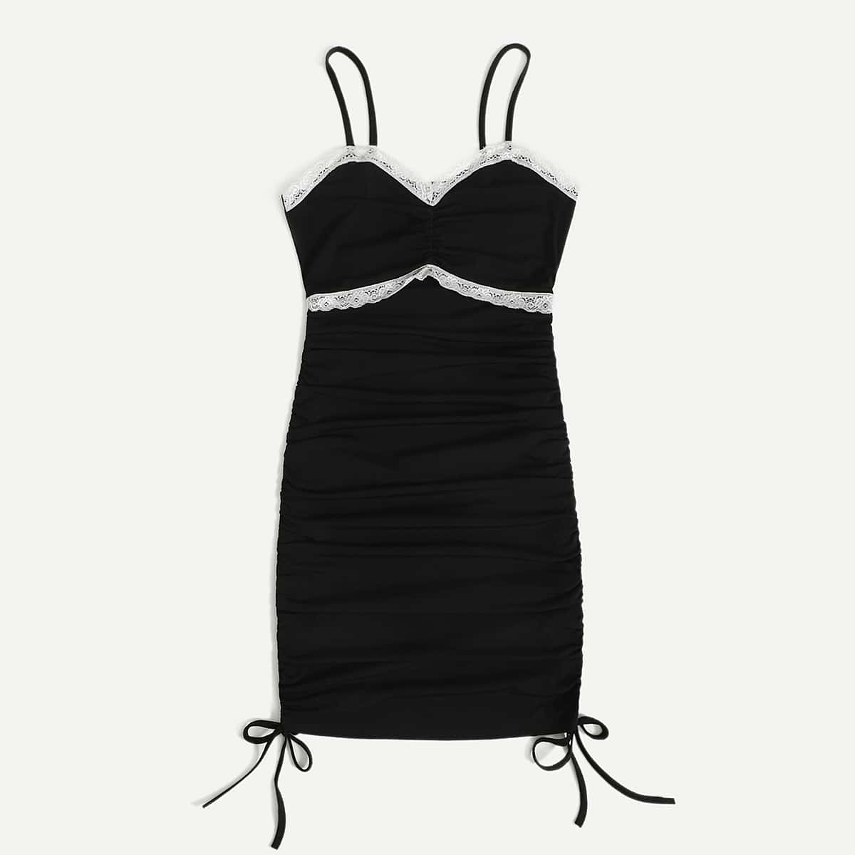 

Colorblock Contrast Lace Drawstring Bodycon Cami Dress, Black and white