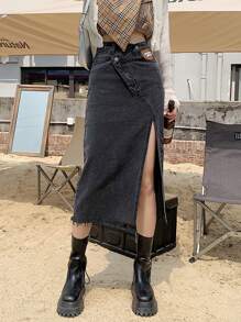 Raw Hem Split Denim Skirt - Black - View 1