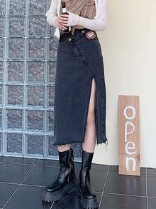 Raw Hem Split Denim Skirt - Black - View 2