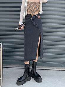 Raw Hem Split Denim Skirt - Black - View 3