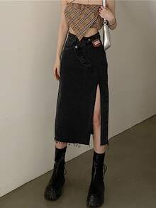 Raw Hem Split Denim Skirt - Black - View 4