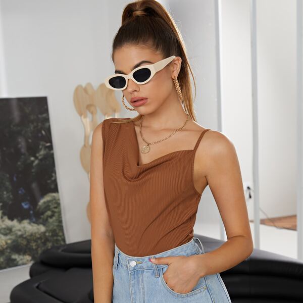 

Asymmetrical Shoulder Draped Top, Coffee brown