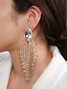 Rhinestone Tassel Earrings - Yellow Gold - View 1