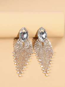 Rhinestone Tassel Earrings - Yellow Gold - View 3