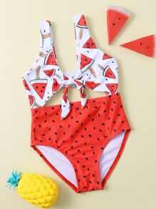 Baby Girl Watermelon Print Knot Front One Piece Swimsuit - Multicolor - View 1