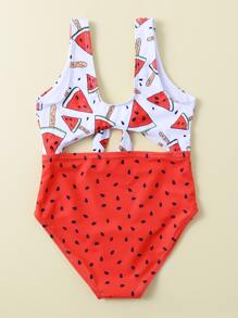 Baby Girl Watermelon Print Knot Front One Piece Swimsuit - Multicolor - View 2