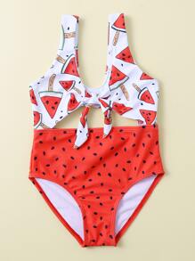 Baby Girl Watermelon Print Knot Front One Piece Swimsuit - Multicolor - View 3