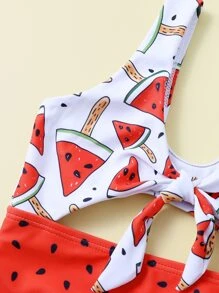 Baby Girl Watermelon Print Knot Front One Piece Swimsuit - Multicolor - View 4