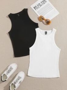 SHEIN EZwear 2-pak damskich jednolitych kolorów, okrągły dekolt, top bez rękawów - Czarne i Białe - Zobacz 1