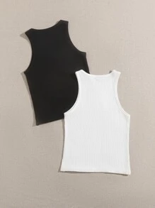 SHEIN EZwear 2-pak damskich jednolitych kolorów, okrągły dekolt, top bez rękawów - Czarne i Białe - Zobacz 2
