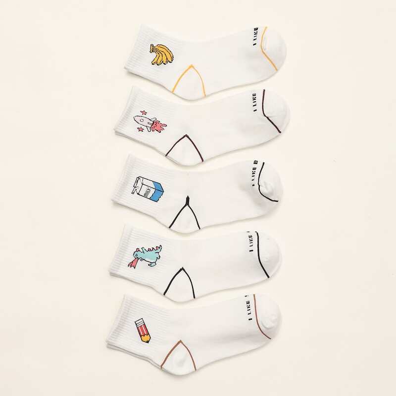 

Guys 5pairs Cartoon Graphic Crew Socks, White