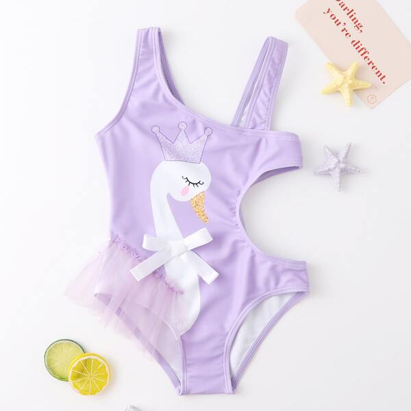 

Toddler Girls Swan Print Cut-out One Piece Swimsuit, Pink