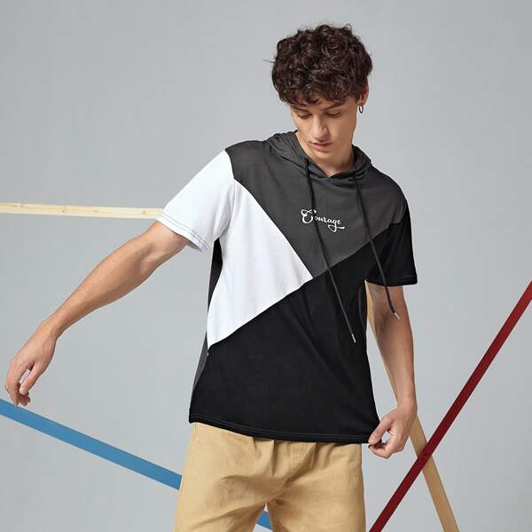 

Men Colorblock Letter Graphic Drawstring Hooded Tee, Multicolor