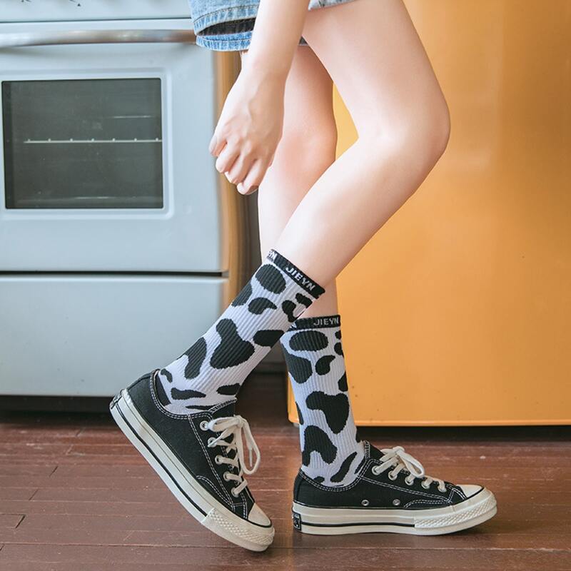

Cow Print Crew Socks, Black