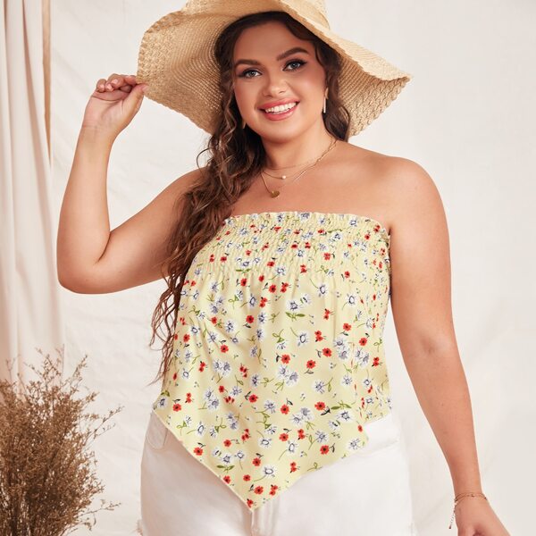 

Plus Ditsy Floral Shirred High Low Tube Top, Multicolor
