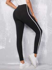 SHEIN EZwear 拼接條紋圖案緊身打底褲 - 黑色 - 查看 2