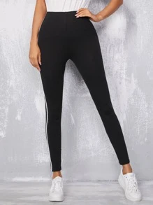 SHEIN EZwear 拼接條紋圖案緊身打底褲 - 黑色 - 查看 3