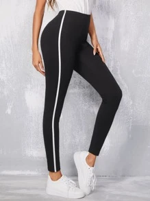 SHEIN EZwear 拼接條紋圖案緊身打底褲 - 黑色 - 查看 4