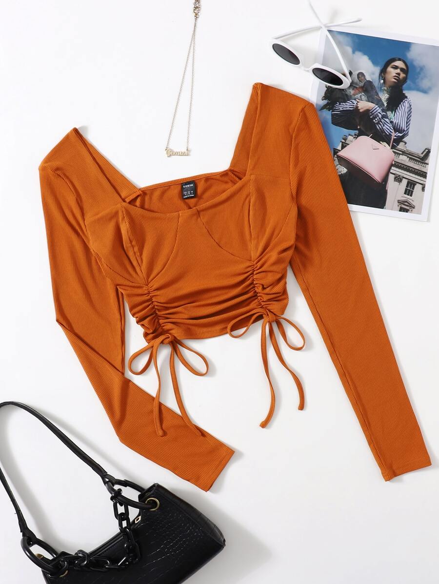 Solid Rib Drawstring Hem Tee - Orange - View 1