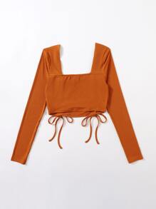 Solid Rib Drawstring Hem Tee - Orange - View 2