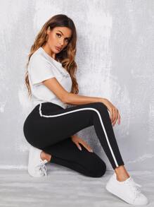 SHEIN EZwear 拼接條紋圖案緊身打底褲 - 黑色 - 查看 5