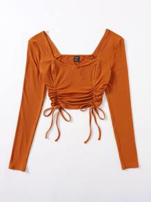 Solid Rib Drawstring Hem Tee - Orange - View 4