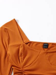 Solid Rib Drawstring Hem Tee - Orange - View 5