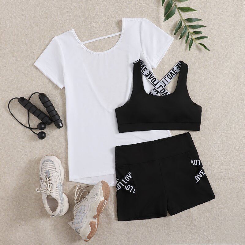 

Letter Tape Detail Sports Bra With Tee & Shorts Set, Black and white