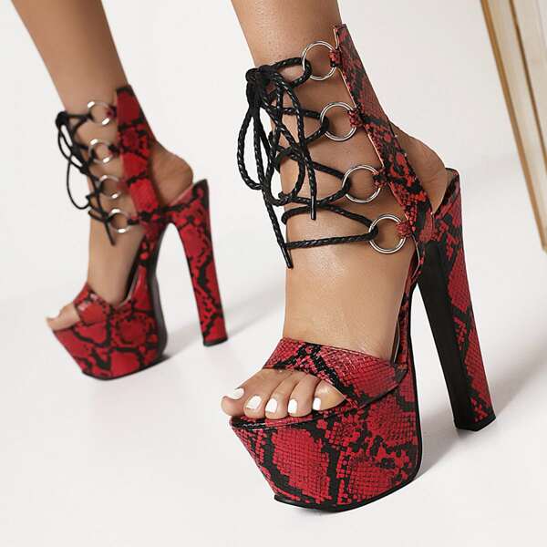 

Snakeskin Print Lace Up Front Platform Sandals, Red