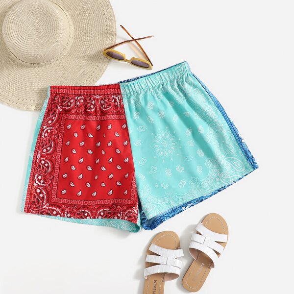 

Plus Colorblock Paisley Print Shorts, Multicolor