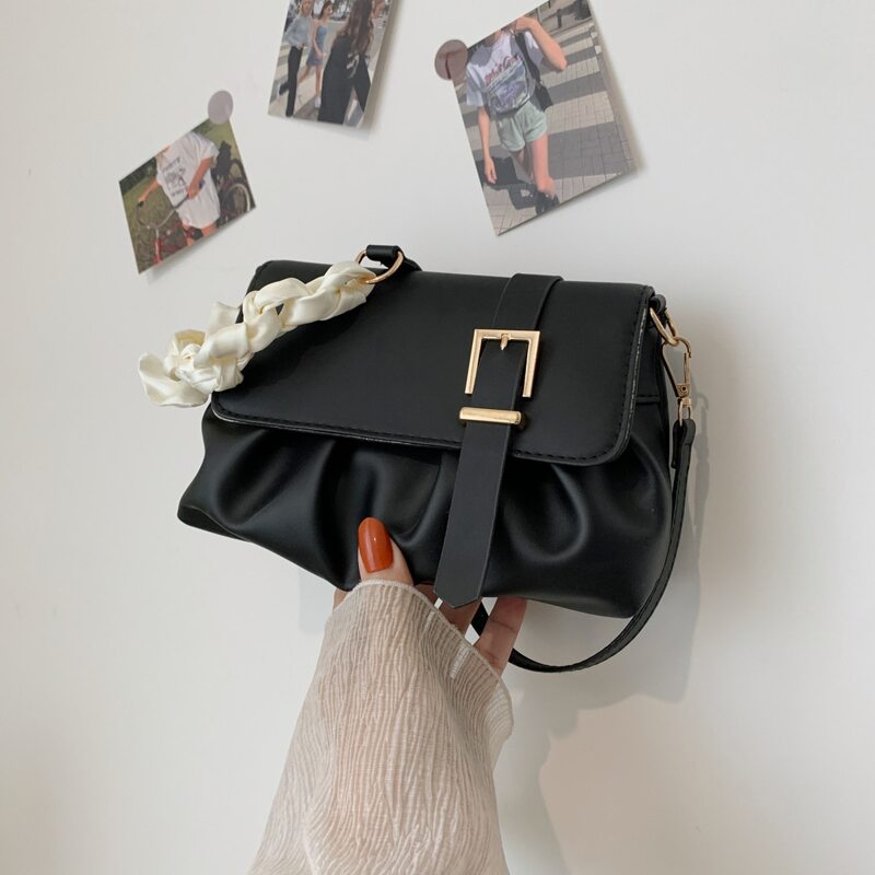 

Ruched Flap Shoulder Bag, Black