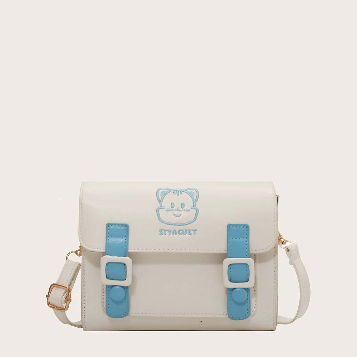 

Cartoon Graphic Double Buckle Crossbody Bag, Blue and white