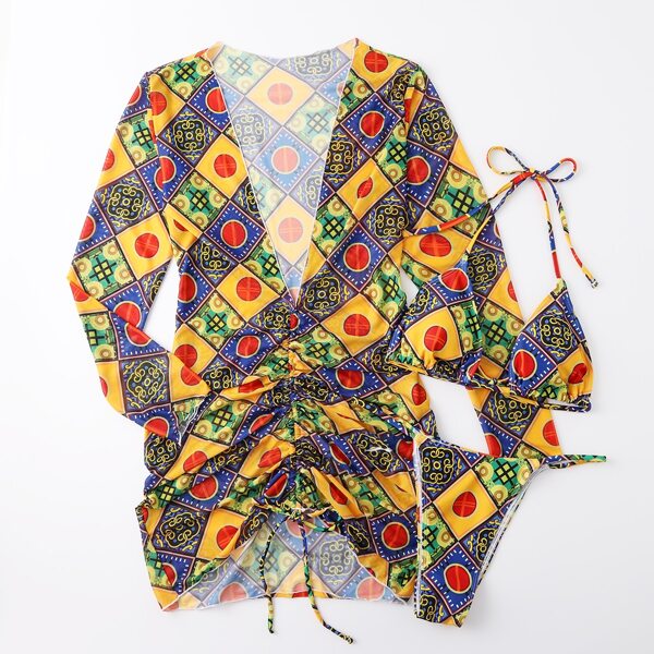 

3pack Allover Print Triangle Thong Bikini Swimsuit & Cover Up, Multicolor