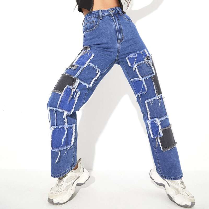 

Raw Trim Patched Slant Pocket Boyfriend Jeans, Medium wash
