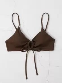 SHEIN Swim Summer Beach Solid Rib Knot Front Bikini Top - Coffee Brown - View 3