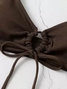 SHEIN Swim Summer Beach Solid Rib Knot Front Bikini Top - Coffee Brown - View 4