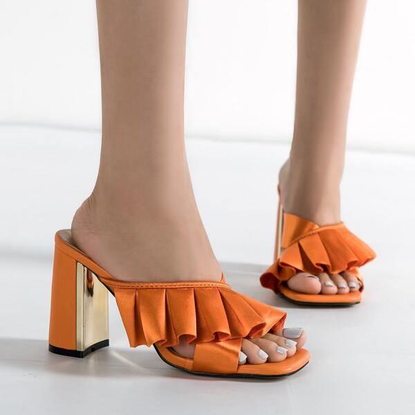 

Ruffle Decor Chunky Heeled Mules, Orange