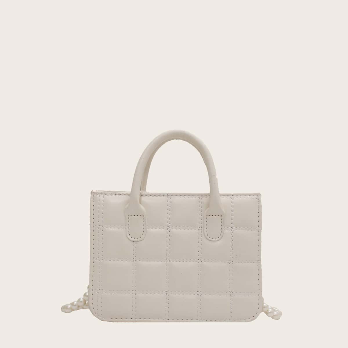 

Faux Pearl Decor Quilted Satchel Bag, White